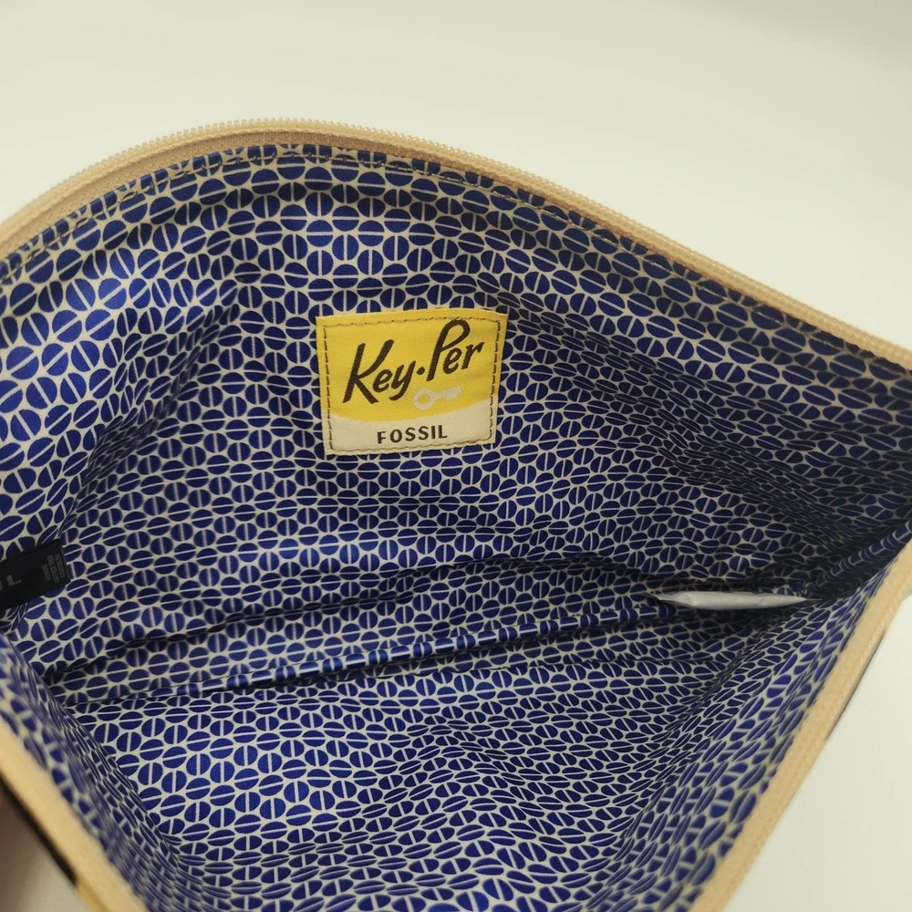 Fossil Key-Per Canvas Cosmetic Bag Zip Pouch‎ Cream Blue Graphic Print